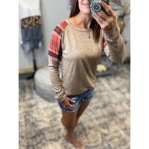 Plaid Contrast Long Sleeve Soft Scoop Neck Fall Tan 3621
